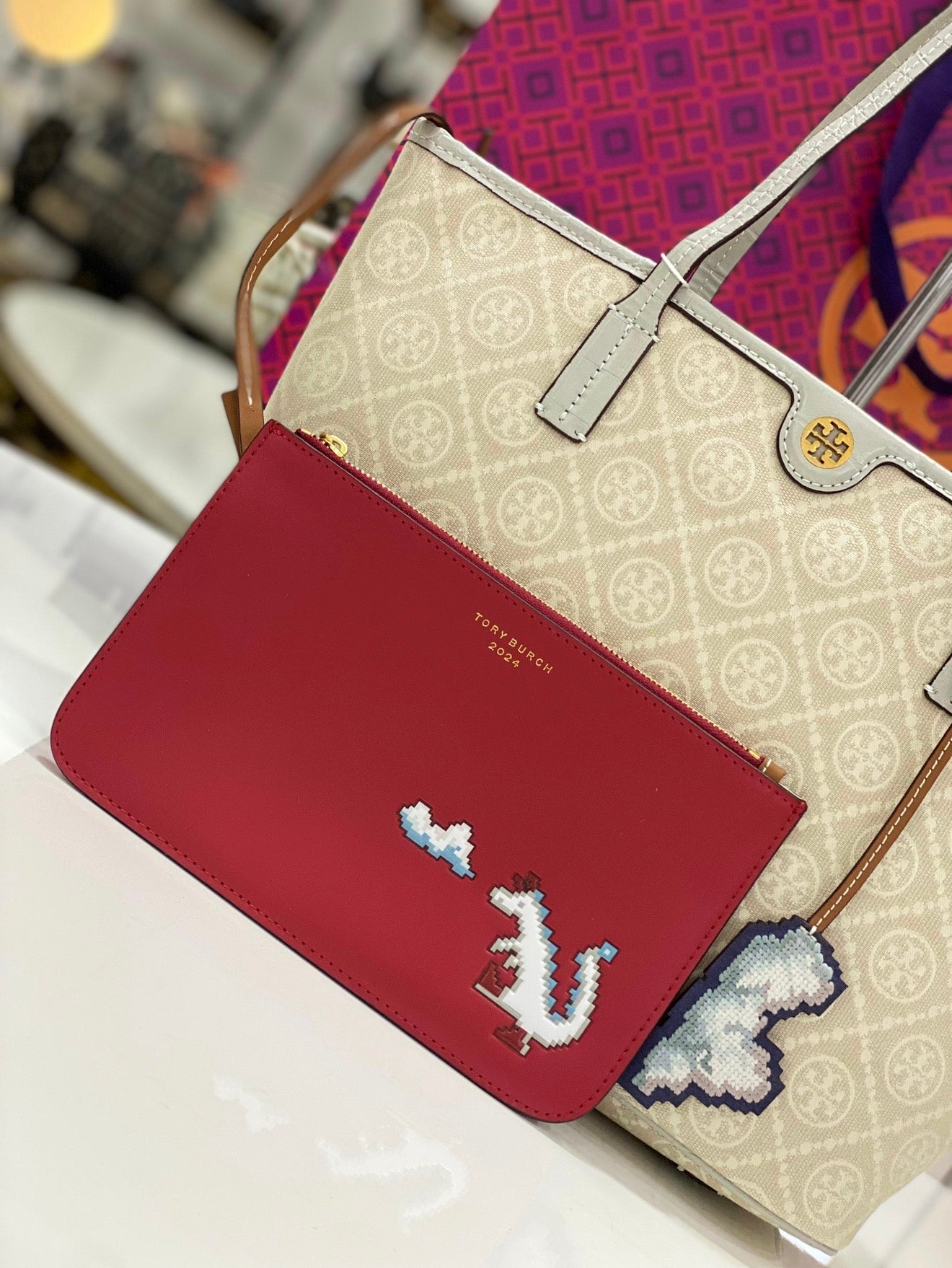 Original Tory Burch T Monogram Cloud Jacquard Tote in the misty cloud and gold colorway