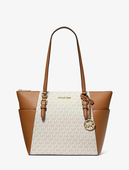MK Charlotte Large Logo and Leather Top-Zip Tote Bag