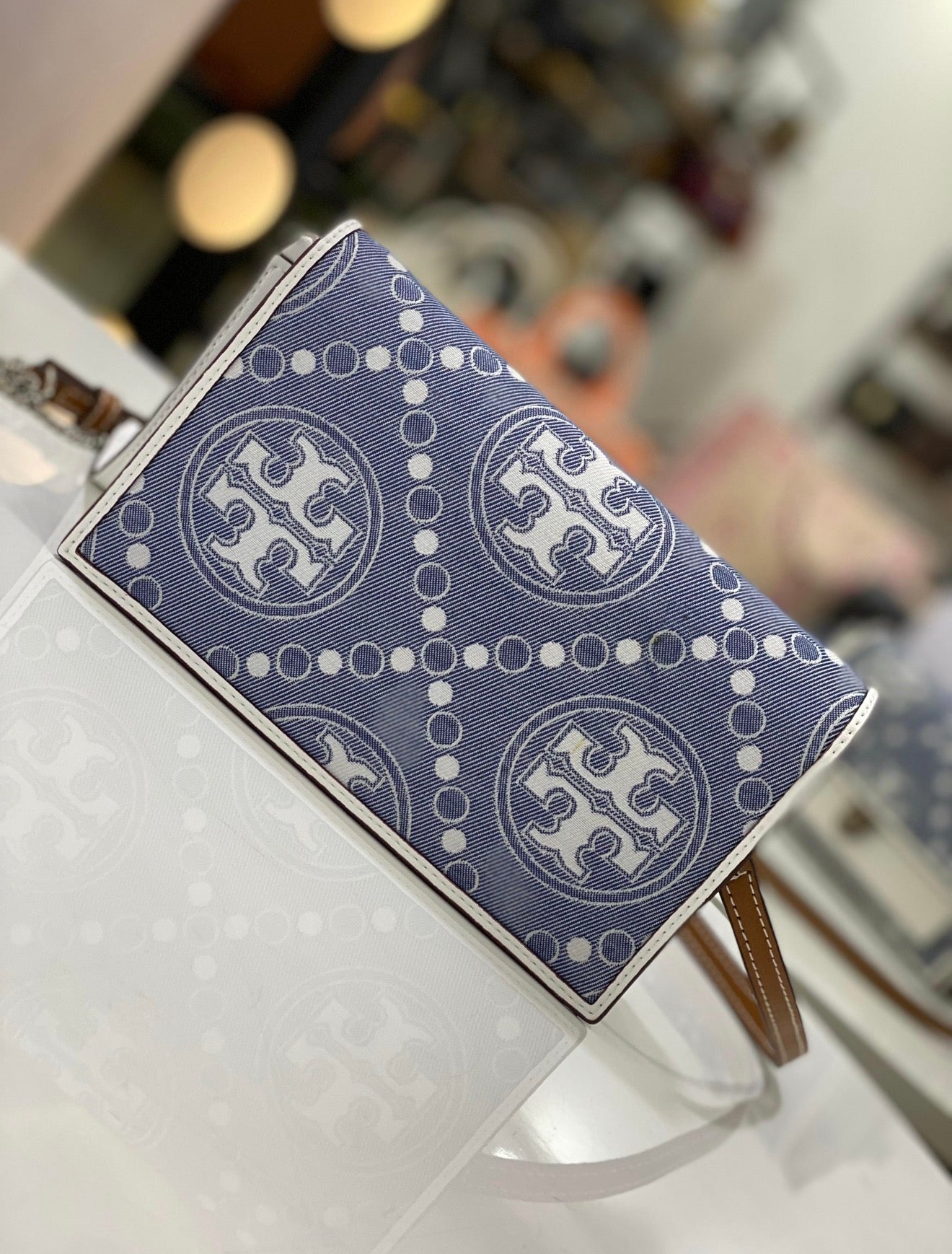 Tory Burch T Monogram Denim Wallet Crossbody in Pearl Blue
