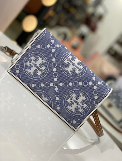 Tory Burch T Monogram Denim Wallet Crossbody in Pearl Blue