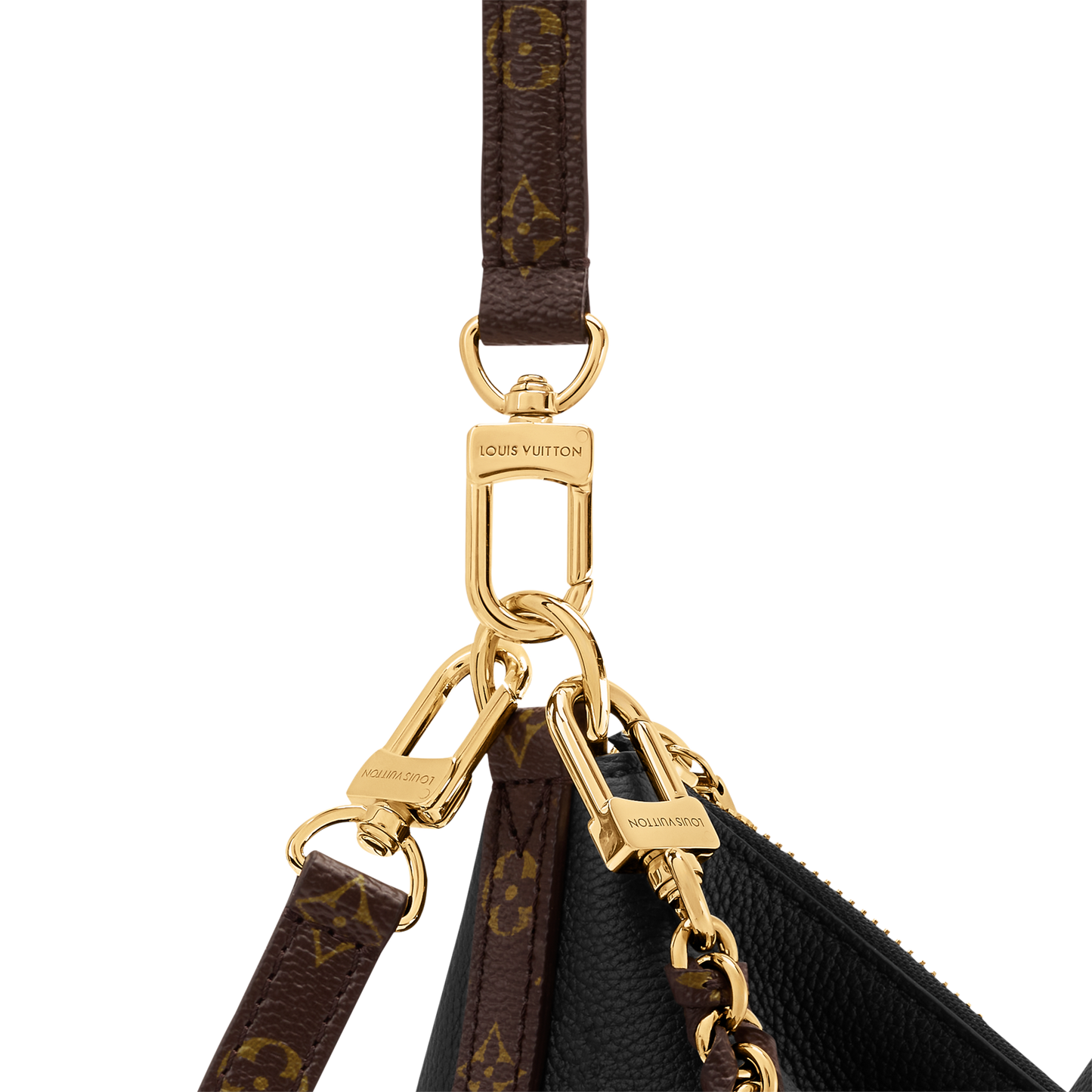 Black Louis Vuitton Multipass handbag is crafted from smooth calfskin leather and adorned with a removable gold-toned braided chain