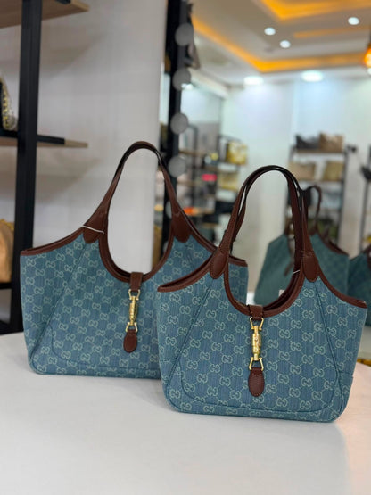 Gucci Jackie 1961 handbag in denim monogram canvas with brown leather trim