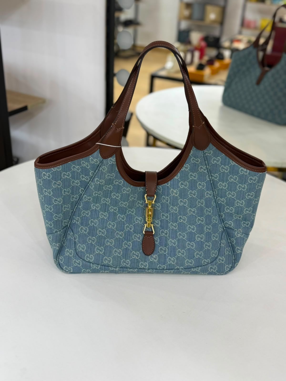 Gucci Jackie 1961 handbag in denim monogram canvas with brown leather trim