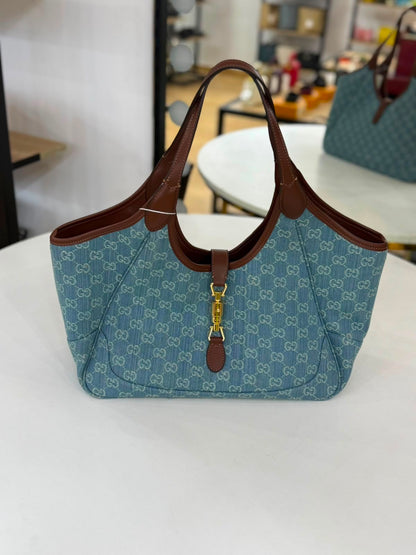 Gucci Jackie 1961 handbag in denim monogram canvas with brown leather trim