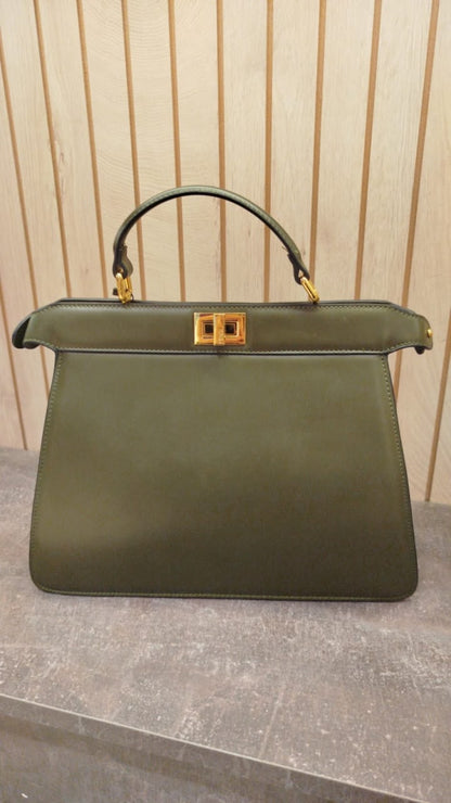 Fendi Peekaboo ISeeU East-West handbag in a green shade, featuring signature gold-tone twist-lock hardware