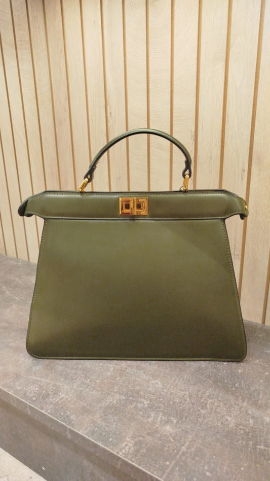 Fendi Peekaboo ISeeU East-West handbag in a green shade, featuring signature gold-tone twist-lock hardware