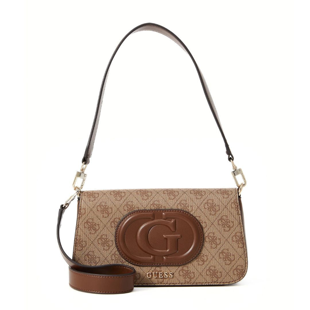 Guess Eco Mietta flap shoulder bag featuring a monogram print and a large G logo detail.