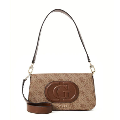 Guess Eco Mietta flap shoulder bag featuring a monogram print and a large G logo detail.