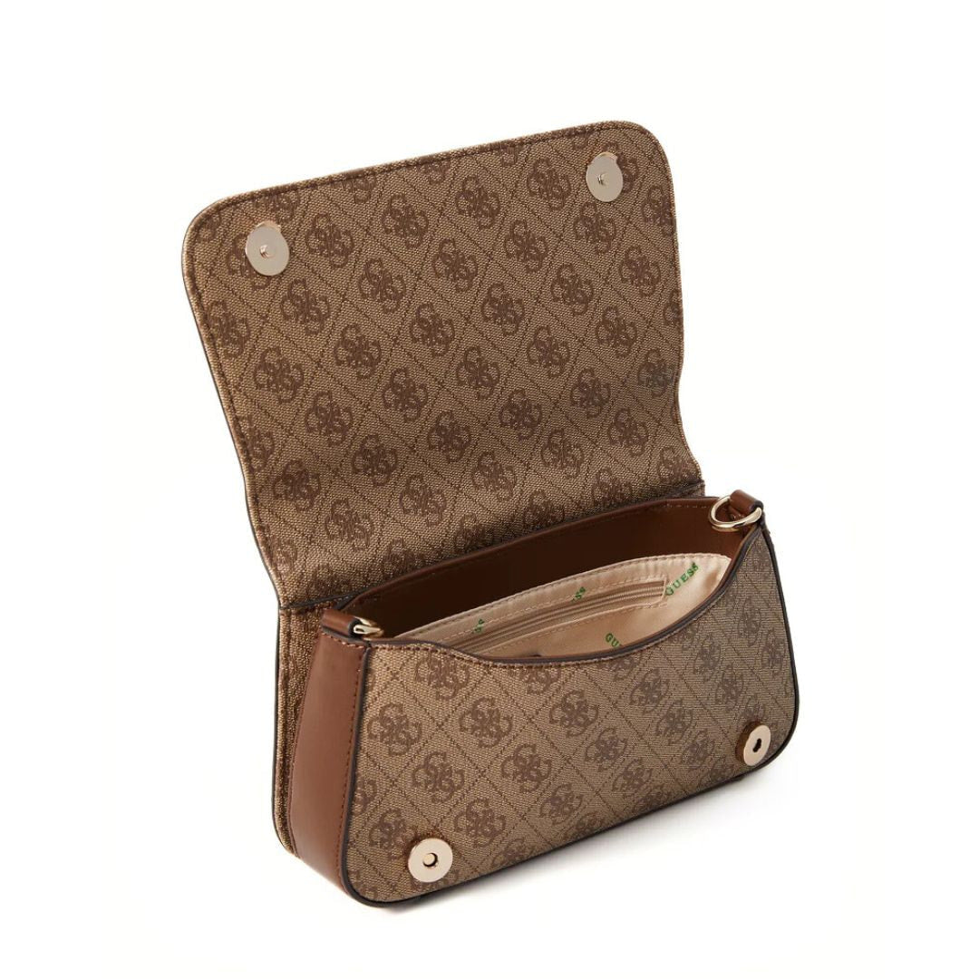 Guess Eco Mietta flap shoulder bag featuring a monogram print and a large G logo detail.