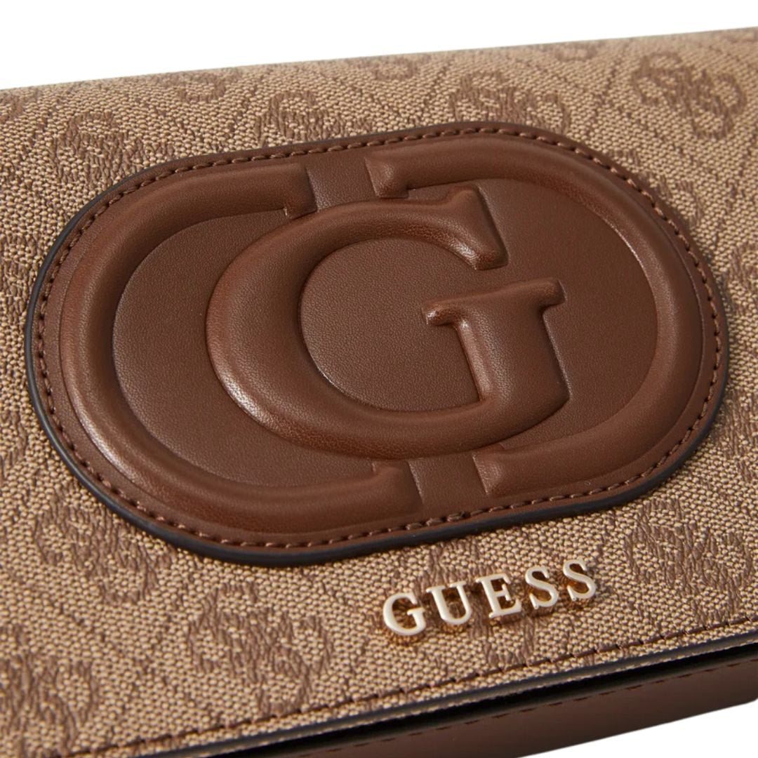 Guess Eco Mietta flap shoulder bag featuring a monogram print and a large G logo detail.