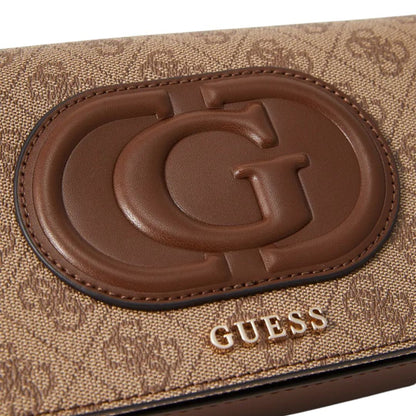 Guess Eco Mietta flap shoulder bag featuring a monogram print and a large G logo detail.