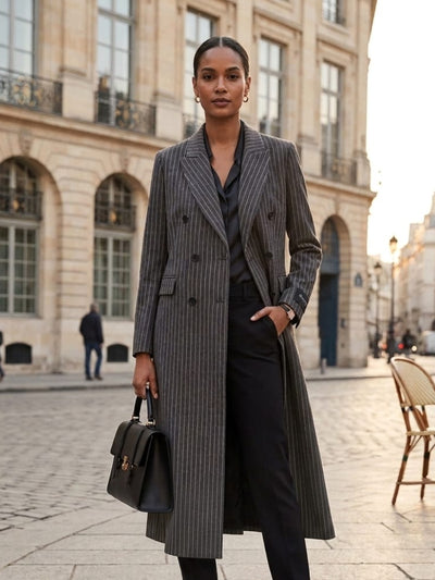 Tailored wool coat with sheath dress and knee high boots