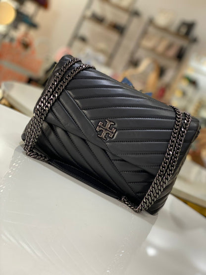 Tory Burch Kira Chevron Convertible Shoulder Bag in black with gunmetal-toned hardware