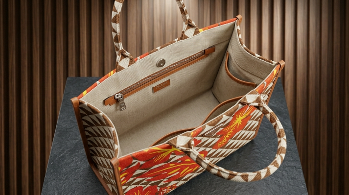 Prada Symbole Jacquard fabric handbag features a black and beige geometric pattern adorned with yellow and green embroidered floral motifs