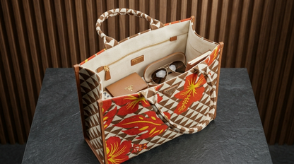 Prada Symbole Jacquard fabric handbag features a black and beige geometric pattern adorned with yellow and green embroidered floral motifs