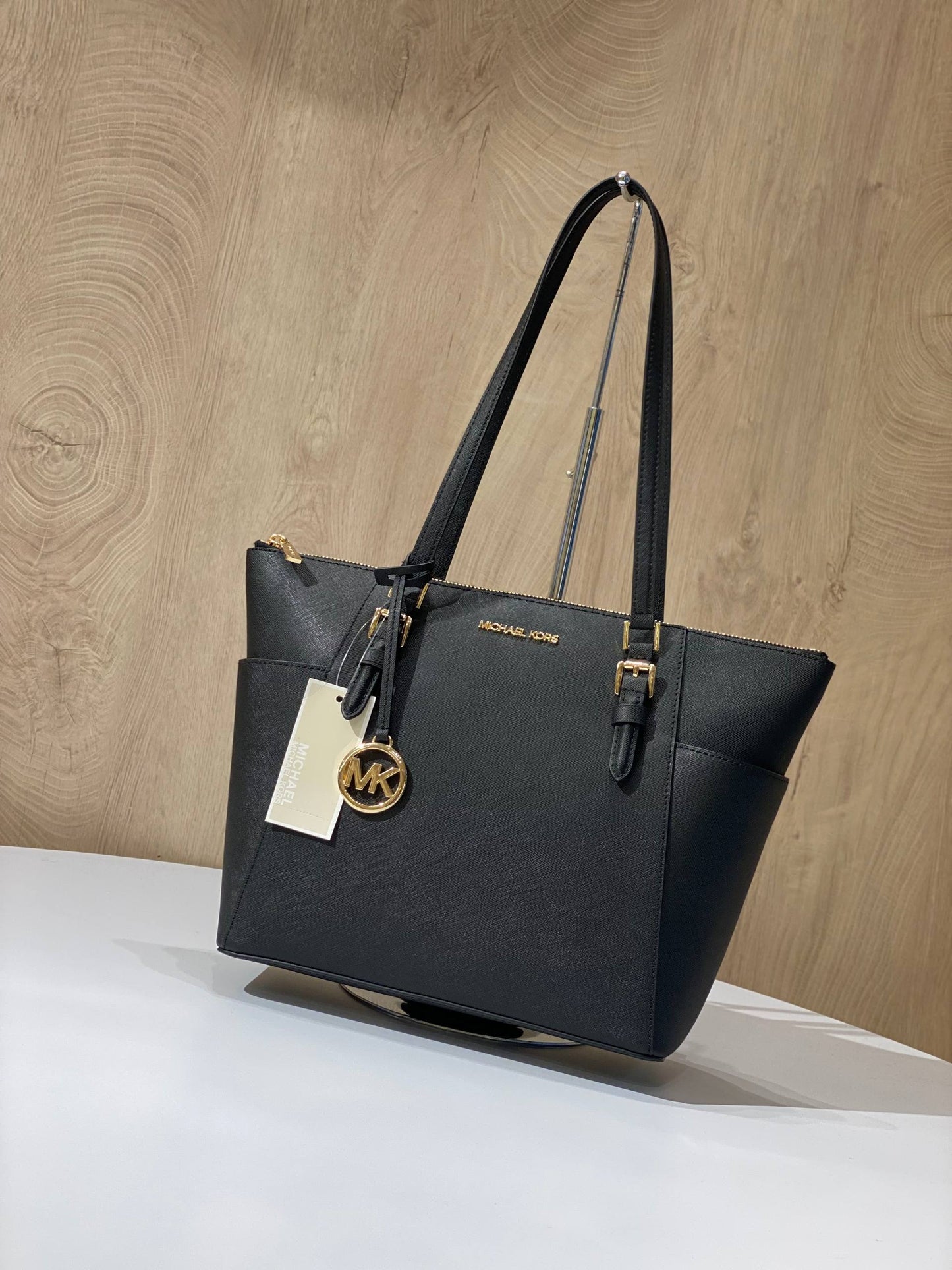 Michael Kors Charlotte Large Top Zip Tote in black Saffiano leather with gold-tone hardware