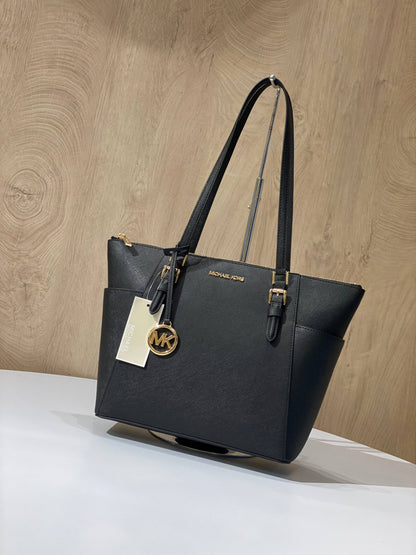 Michael Kors Charlotte Large Top Zip Tote in black Saffiano leather with gold-tone hardware