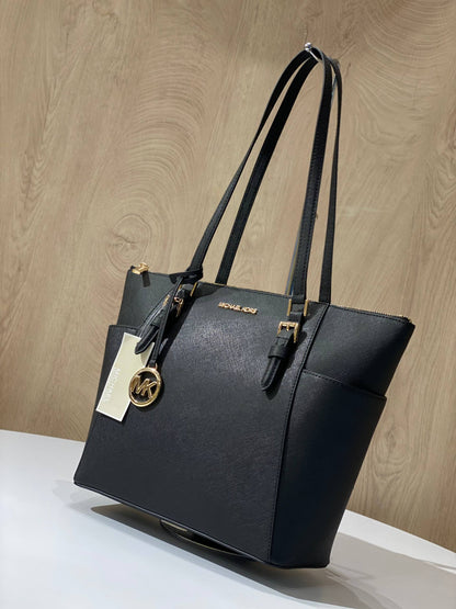 Michael Kors Charlotte Large Top Zip Tote in black Saffiano leather with gold-tone hardware