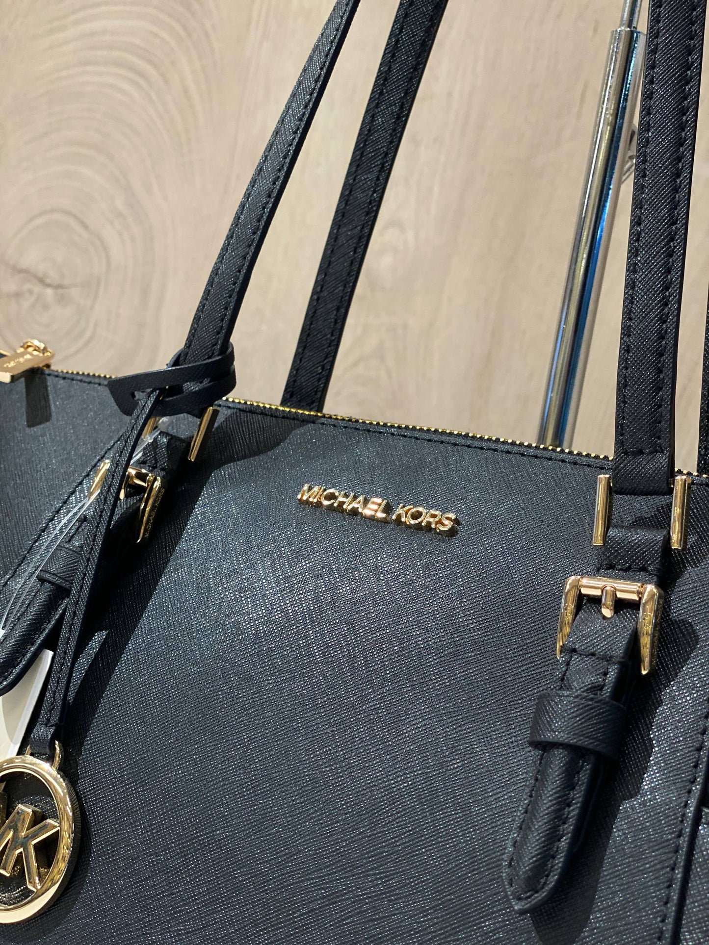 Michael Kors Charlotte Large Top Zip Tote in black Saffiano leather with gold-tone hardware