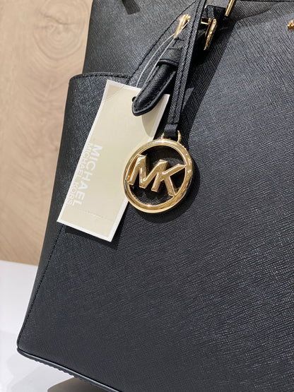 Michael Kors Charlotte Large Top Zip Tote in black Saffiano leather with gold-tone hardware