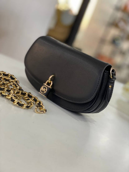 Michael Kors Mila Small Leather Shoulder Bag in black with gold-tone hardware