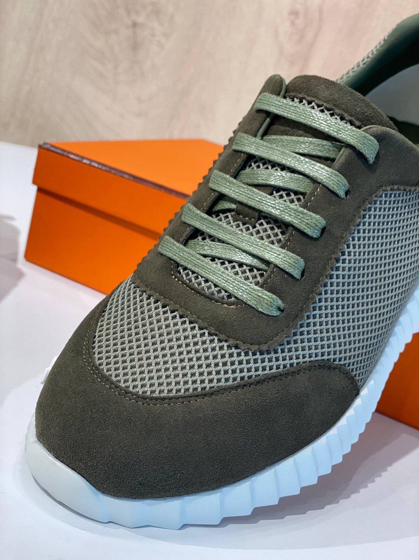 Hermès Bouncing Sneaker – Khaki & Signature Orange
