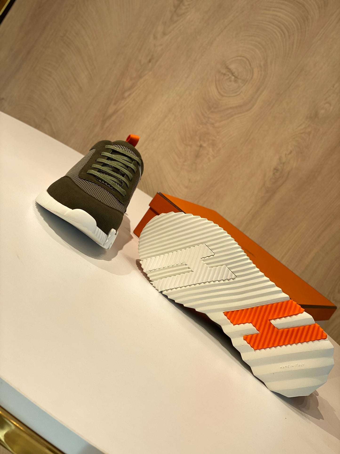 Hermès Bouncing Sneaker – Khaki & Signature Orange