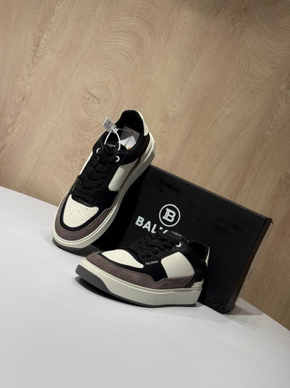 Balmain Court Leather & Suede Sneakers – Tri-Tone Luxury