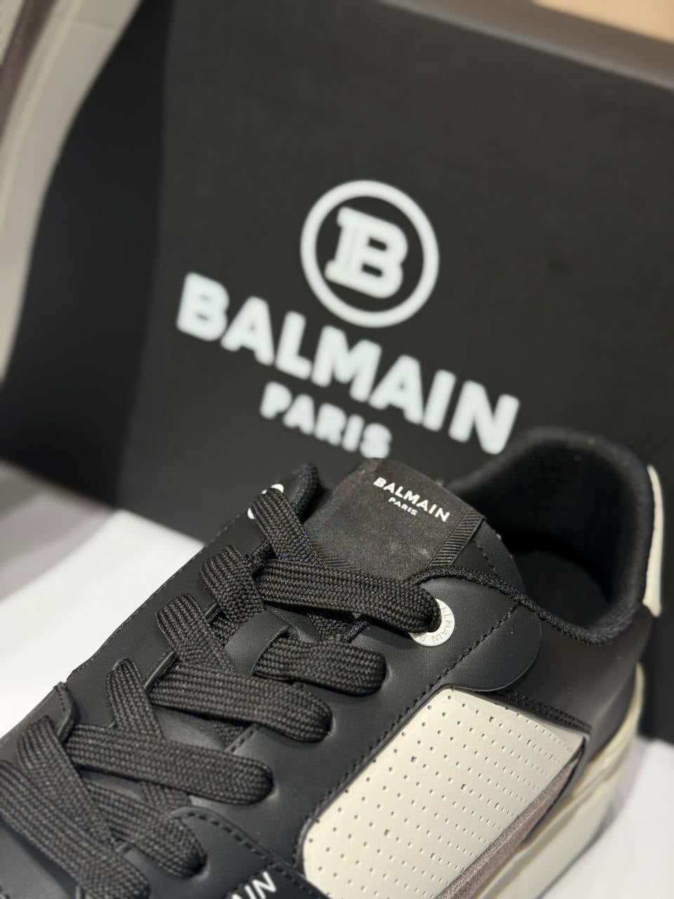 Balmain Court Leather & Suede Sneakers – Tri-Tone Luxury