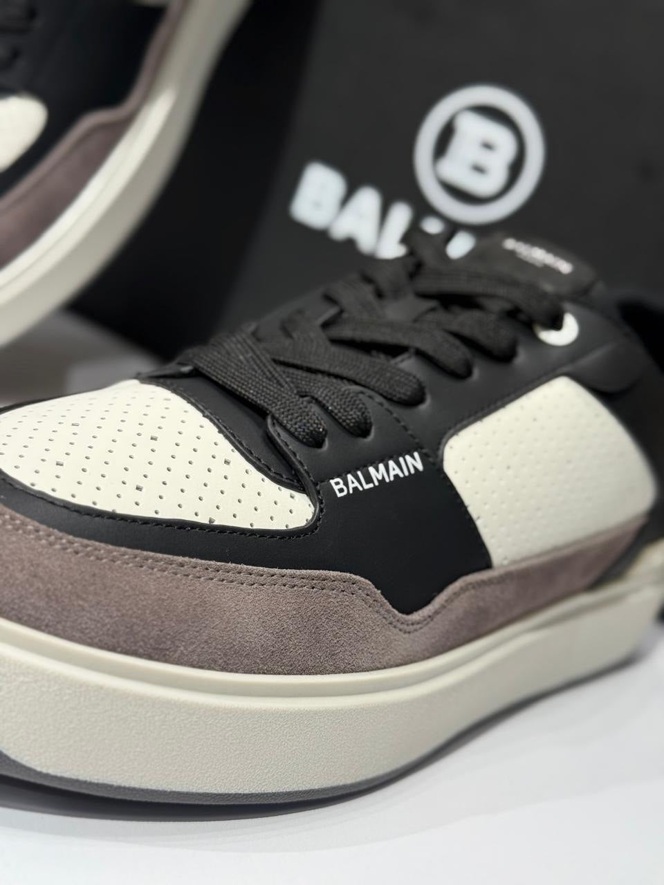Balmain Court Leather & Suede Sneakers – Tri-Tone Luxury