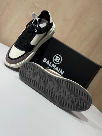 Balmain Court Leather & Suede Sneakers – Tri-Tone Luxury
