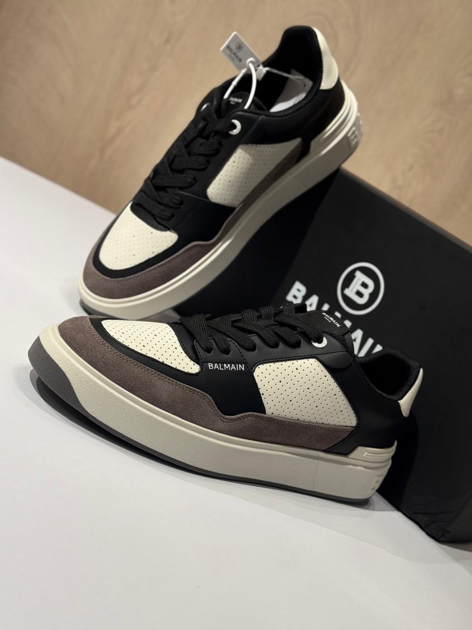 Balmain Court Leather & Suede Sneakers – Tri-Tone Luxury