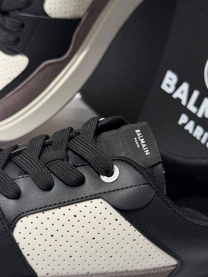 Balmain Court Leather & Suede Sneakers – Tri-Tone Luxury