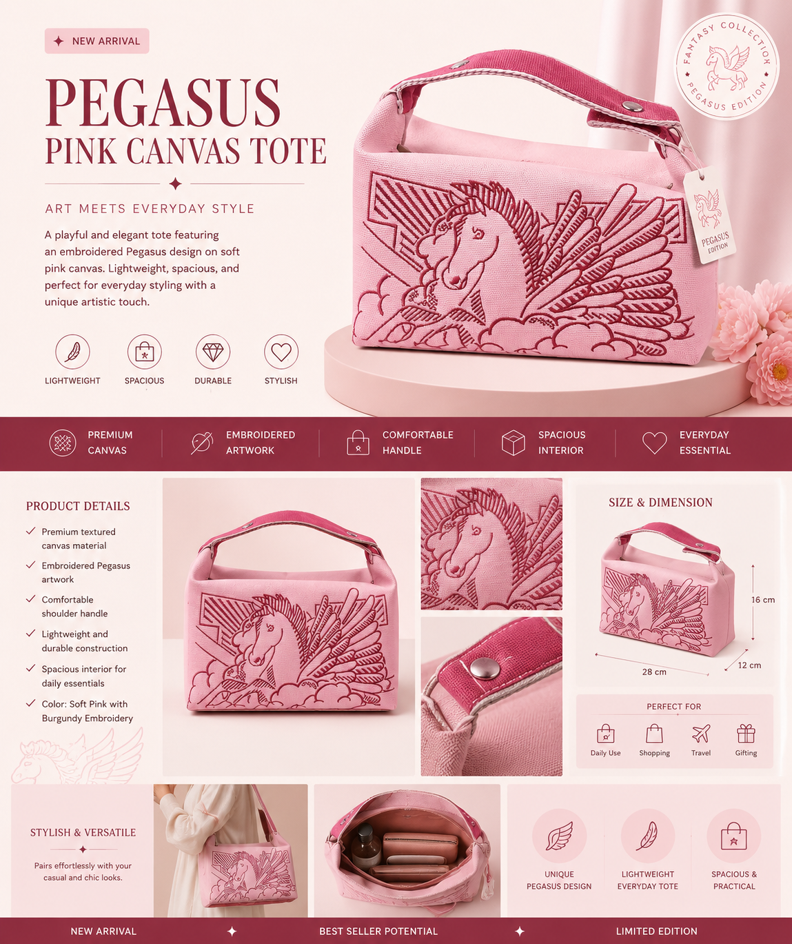 Handbags Canvas Hobo Pouch Pony Simple Embroidery Bag Travel Organizer Multiple colors #